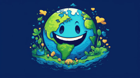 Happy cartoon Earth with vibrant nature elements. Ecological and environment-friendly concept with cheerful character for design and educational purpose. Green energy. Environmentally concept. AIG35.の素材
