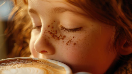 A happy toddler is joyfully smelling a cup of warm coffee, her tiny nose wrinkled in delight at the delicious aroma of the ingredients in the cuisine AIG50の素材