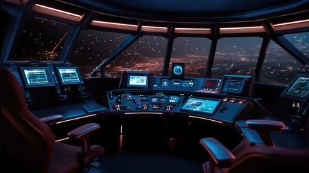 Futuristic spaceship cockpit interior with a view of space station and stars. A large spaceship window show view of space and modern cockpit with control panel with glowing light. Technology. AIG35.の素材