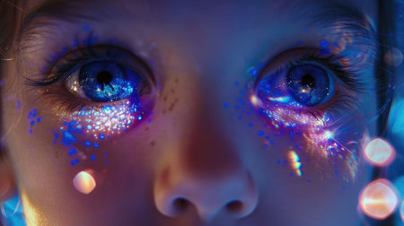 A toddler gazes up at the Christmas tree, her nose and cheeks rosy with excitement. The twinkle of lights reflects in her happy eyes and lashes AIG50の素材