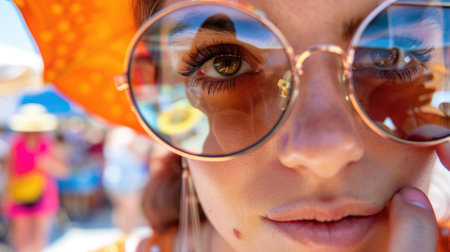 A closeup shot of a person wearing glasses with a reflection of another person in the lenses, showcasing the importance of vision care and eye glass accessories AIG50の素材