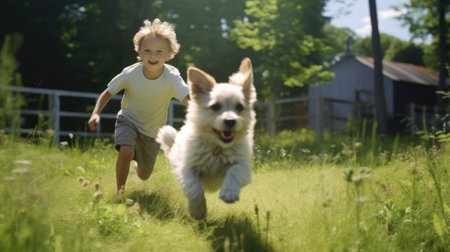 Attractive energetic child playing and running with dog at grass field with blurring background. Smiling cute boy or kid running after dog while golden sun shining. Creative recreation concept. AIG35.の素材