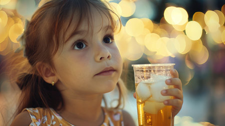A thoughtful young girl with a cup of juice against a blurred bokeh background. AIG50の素材