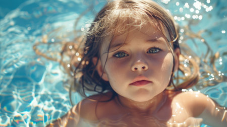 The boy and girl are sharing a kiss in the swimming pool, their hair wet from the water. With smiles on their faces and eyelashes touching, they are happy and enjoying a leisurely moment of fun AIG50の素材