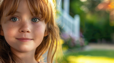 The toddler with golden hair is happily smiling in front of the house, enjoying the leisure of playing on the green grass. Her ear sticks out as she has fun looking through the window AIG50の素材