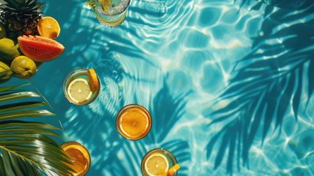 Aqua art transforms a swimming pool into a vibrant oasis filled with floating fruits and leaves, creating a mesmerizing display of color and nature AIG50の素材