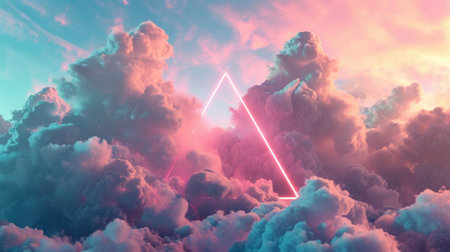 The great pink neon floating triangle beyond the sky that surrounded with cloudscape at the dawn or dusk time of the day that shine neon light and bright to the every part of the endless sky. AIGX03.の素材