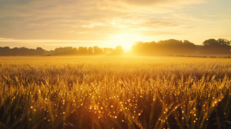 An early morning farmers field, dew on crops, sunrise casting a golden glow, tranquil and fertile landscape. Resplendent.の素材