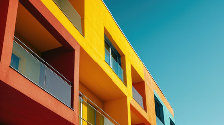 The colourful structure under the bright clear blue sky with the ray of light from brightest sun that cover most part of the building but even that the structure still left some the shadow. AIGX03.の素材