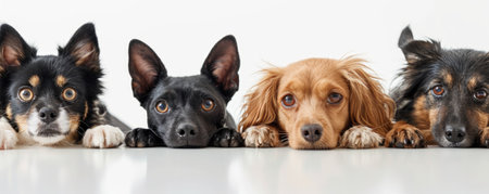 The picture of front view and close up of the multiple group of the various cat and dog in front of the bright white background that look back to the camera with the curious and interest face. AIGX03.の素材