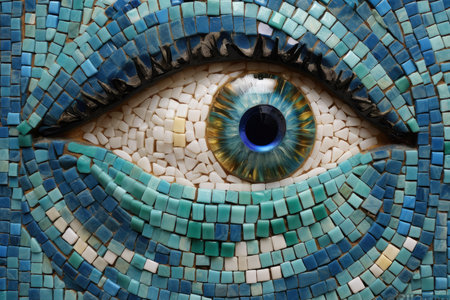 Abstract eye mosaic made of blue tiles and looking at camera. Close up of human eye staring at camera made by blue floor tiles. Artistic concept for vision and perception. Curious, observe. AIG35.の素材