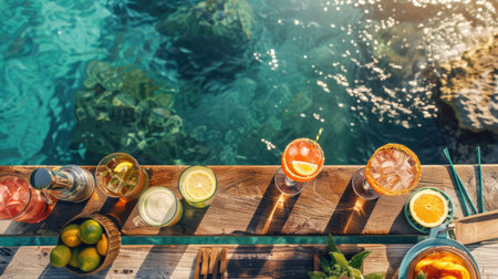 A line of beverages placed on a wooden pier by the ocean, surrounded by a natural environment with lush plants, trees, and underwater organisms. A tranquil scene for leisure AIG50の素材