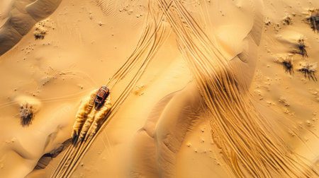 A natural landscape in the desert with tire tracks on a dirt road winding through the sand, framed by a clear blue sky and sparse plants AIG50の素材