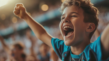 A fan is enthusiastically gesturing with her arms in the air, cheering in an electric blue hat at the entertaining competition event. AIG41の素材