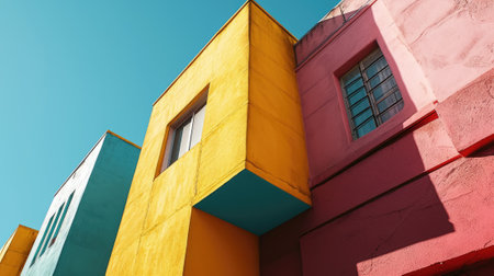 The colourful structure under the bright clear blue sky with the ray of light from brightest sun that cover most part of the building but even that the structure still left some the shadow. AIGX03.の素材