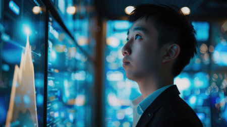 The picture of the young east asian male is working as e-commerce specialist in the office, the e-commerce job require skill like data analysis, marketing, customer service and time management. AIG43.の素材