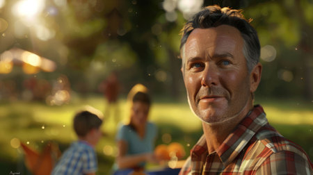 The close up focus picture of the father with his family sitting and relaxing at the park to setting up a picnic, the old man with the blur background of his family at park with the happiness. AIG43.の素材