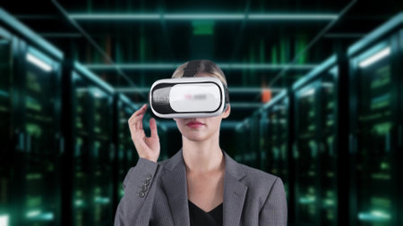 Woman pressing start opening analyze world finance data color green or orange through VR glasses turn around global interface digital infographic network technology virtual 3D animation. Contraption.の写真素材