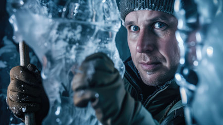 The picture of the ice sculptor holding the tool and equipment for carving the ice block or ice statue in the winter, the ice sculptor require experience in modeling the ice and precision tool. AIG43.の素材