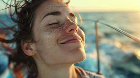 A woman is standing on the beach, feeling the wind in her hair and the warmth of the sun on her closed eyes. Her happy gesture reflects the joy of being in the moment AIG50の素材