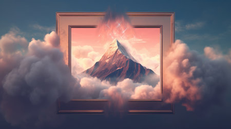 Mountain peak image in ornate frame against starry sky. Elegant golden picture frame with picture of mountain or hill and sky with fluffy cloud. Fantasy landscape and adventure concept. AIG35.の素材