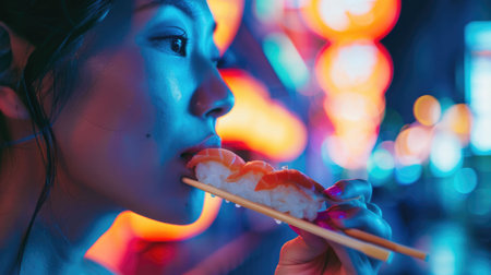 A woman with black hair is holding a tray of sushi, smiling with raised eyebrows and long eyelashes. Her facial expression exudes happiness and cool confidence, enjoying a leisurely and fun momentの素材