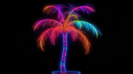 Neon palm tree silhouette on a dark background. A picture of glowing neon light in palm tree shape with vibrant color. Vivid image for party themes, tropical design, and vibrant posters. AIG35.の素材