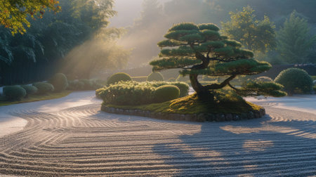 A beautiful sunrise illuminates a Japanese Zen garden, highlighting the elegant forms of meticulously maintained bonsai trees. Resplendent.の素材