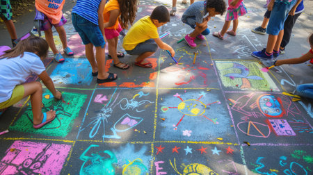 A happy group of children are engaging in leisurely sports and recreation by sitting on the ground, drawing with chalk. AIG41の素材
