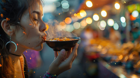 A woman is enjoying a bowl of staple food with a spoon, indulging in her food craving. She is savoring the dish made from a delicious recipe and sharing it with delight AIG50の素材