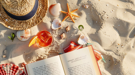 A beautiful beach landscape featuring a book, hat, starfish, seashells, and a refreshing drink by the aqua water. The perfect spot to relax and enjoy the sun AIG50の素材
