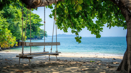 A wooden swing hangs from a tree on a beach, overlooking the water with boats sailing in the distance under a sky dotted with fluffy clouds AIG50の素材