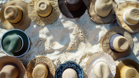 A stack of hats forming a circle pattern on the beach, resembling a fluid organism in an art installation. This unique recreation blends science and creativity in a liquidlike display AIG50の素材