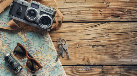 A camera, sunglasses, keys, and a map lay on a hardwood table, showcasing a beautiful wood grain pattern. The rectangle table is made of sturdy planks with a rich wooden font AIG50の素材