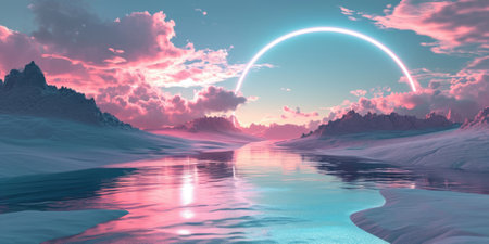 A pink round portal in the middle of the river that connected to the ocean and surrounded with the a huge pile of sand and sandstone mountain under the cloudy sky in the bright morning day. AIGX03.の素材