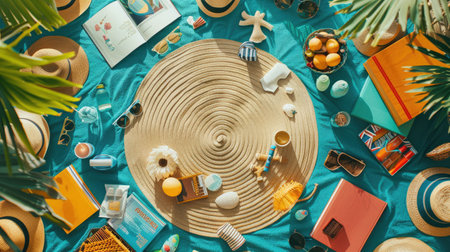 Aqua picnic blanket with an azure round table surrounded by green pillows and a magenta patterned circle. An artistic and electric blue design for a cozy outdoor gathering with a touch of nature AIG50の素材