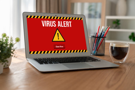 Virus warning alert on computer screen detected modish cyber threat , hacker, computer virus and...