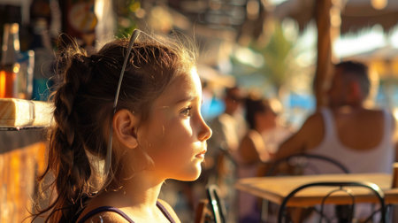 A child with a joyful facial expression sits at a table in a restaurant, smiling and having fun. She is adapting well, sharing moments of leisure during a travel event AIG50の素材