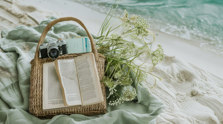 A waterresistant wicker basket packed with a hat, camera, and books rests on the sandy beach, blending wood, fashion accessories, and art into the coastal landscape AIG50の素材