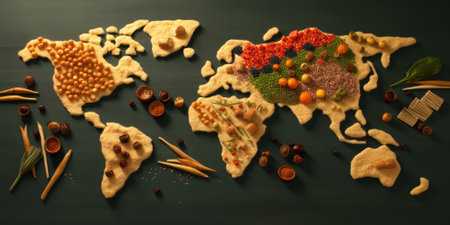 World map made from assorted spices and grains on a dark background. Culinary and global cuisine concept. Design for food blog, cultural diversity, cooking theme, various food ingredient. AIG35.の素材