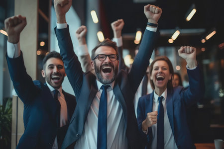 Professional diverse business team celebrating about successful start up project. Group of happy multicultural business people congratulate for increasing sales for modern office. Cooperate. AIG42.の素材