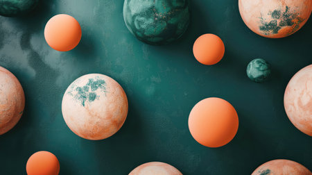 3d render of multiple spheres with realistic marble texture laying on a flat surface AIG51A.の素材