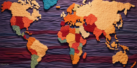 Knitted world map in various colors on a dark background. The world map made from various cloth. Handicraft and creative arts concept. Design for global cultures, and community craft theme. AIG35.の素材