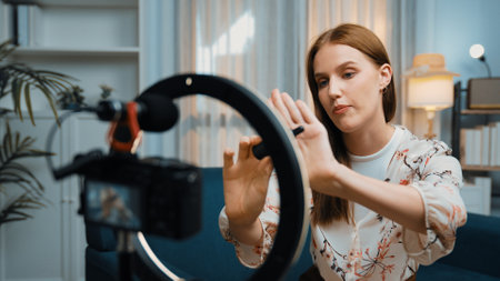 Woman influencer shoot live streaming vlog video review skincare for prim social media or blog....