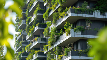 A tower block covered in plants and adorned with numerous balconies, creating a green facade for the building. AIG41の素材