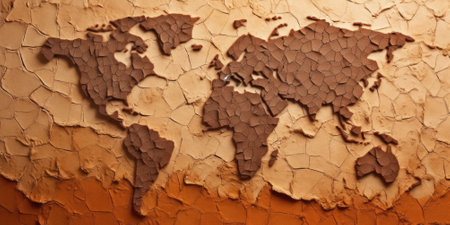 World map in cracked dry soil texture on orange or brown background. Environmental change and global warming concept. Design for climate awareness, earth conservation, geography education. AIG35.の素材
