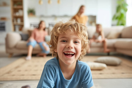 A cheerful young boy with curly hair presents a bright smile in the foreground, with his family relaxing on the couch behind him in a warm living room. AIG41の素材