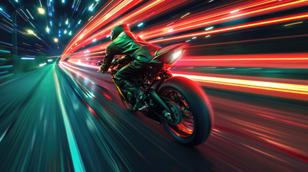 Back view of professional smart motorbike driver wearing helmet while driving in high speed surrounded with neon light at futuristic cityscape and skyscraper at night time. Blurring background. AIG42.の素材