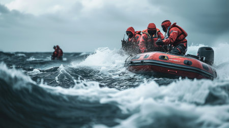 A coastguard speedboat cuts through the waves at high speed during a rescue operation, showcasing urgency and precision. AIG41の素材