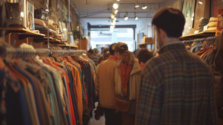 A crowd of customers is touring a retail building in the citys clothing marketplace. AIG41の素材